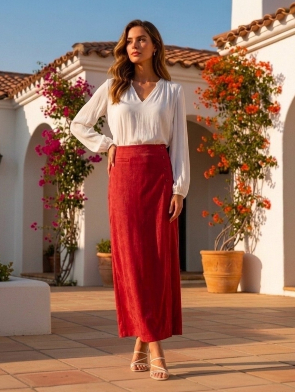 Christopher & Banks 12 Red Moleskin Button Front Y2K Maxi Skirt